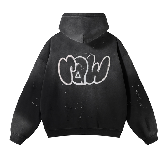 Raw Unisex Graffitied Vintage Wash Frayed Fleece Hoodie