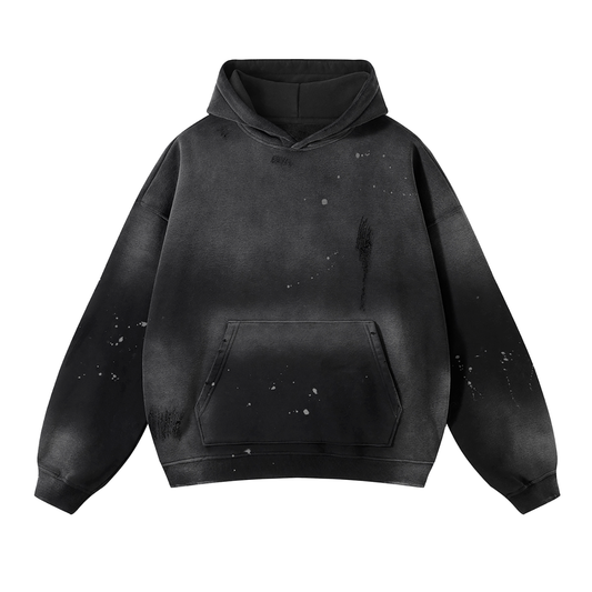 Raw Unisex Graffitied Vintage Wash Frayed Fleece Hoodie